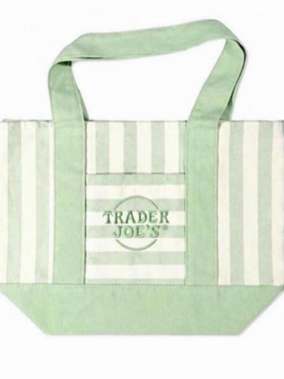 Green and white striped Trader Joe's tote bag